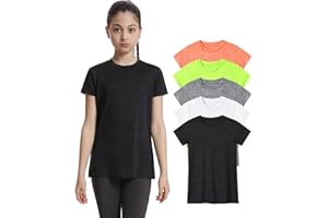 Orrstarry 5 Pack Girls Athletic Shirts Short Sleeve Dry Fit Sports T-Shirts Crew Neck Activewear Tees Tops for Kids Teens