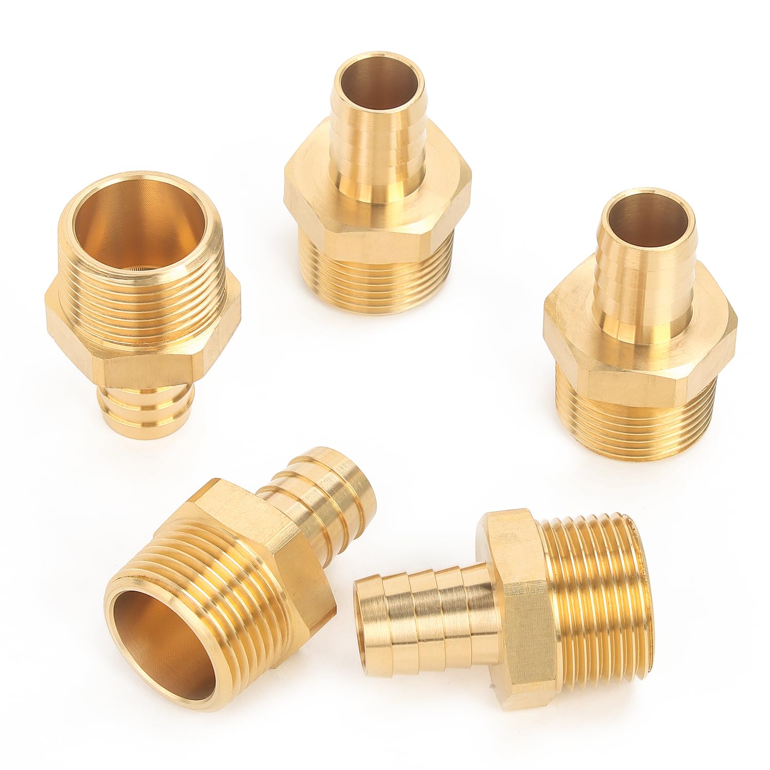 LTWFITTING Brass 1-Inch Male BSPT x 19mm Hose Barb Coupler Adapter Fitting for Vehicle Fuel System, HVAC System (Pack of 5)