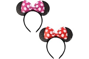 UNSPAZ Mouse Ears Headband, 2 PCS Sequin Bow Mouse Headbands for Girls and Women, Mouse Party Decorations and Cosplay Role Play (Red White Dot & Pink)