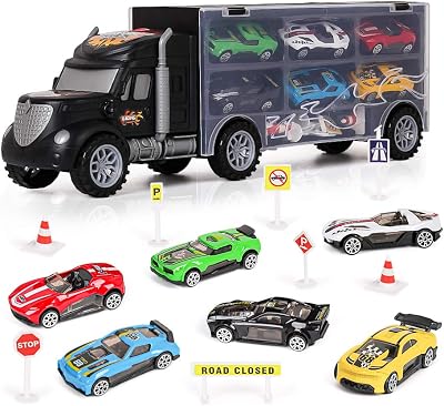m zimoon Car Transporter Truck Toy Set with 6 Cars & 8 Road Accessories