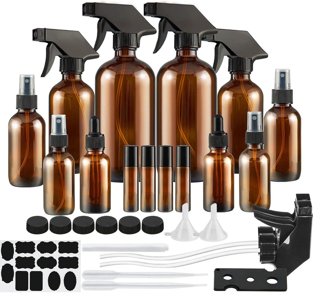 Glass Spray Bottle, SXUDA Amber Glass Spray Bottles Set Roller Bottles for Essential Oils, Cleaning Products or Aromatherapy (16OZ, 8OZ, 4OZ, 2OZ, 2OZ Dropper Bottle) x 2, 10 ml Roller Bottle x 4