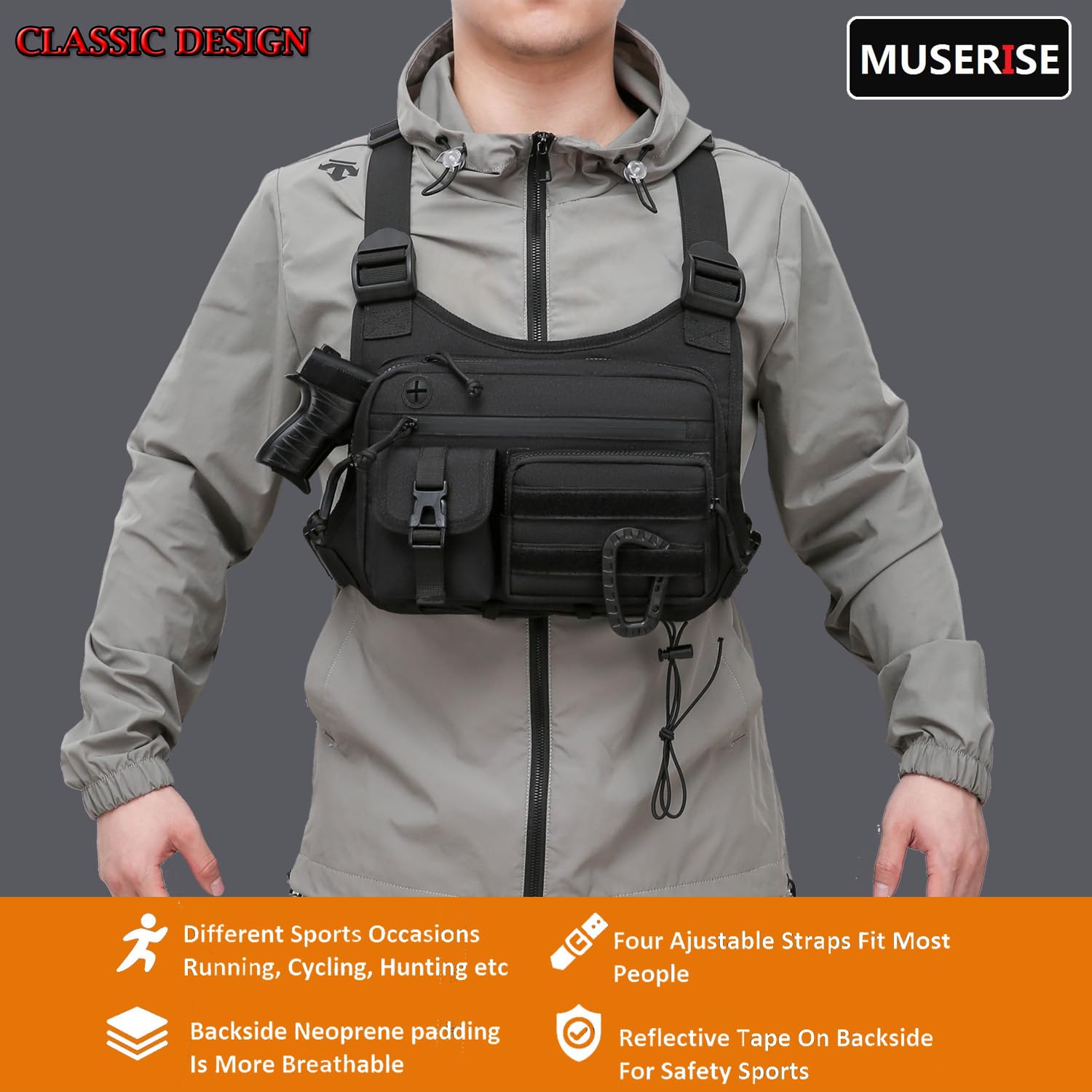 Muserise Outdoor Chest Bag For Men and Women, Tactical Vest For Running, Cycling, EDC Chest Pack Rig For Sports and Workouts
