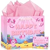 TagreSpike 13” Axolotl Birthday Gift Bag Set with Tissue Paper and Card Pink Wrapping Paper Ocean Axolotl Birthday Decorations for Girls Kids Women Teens