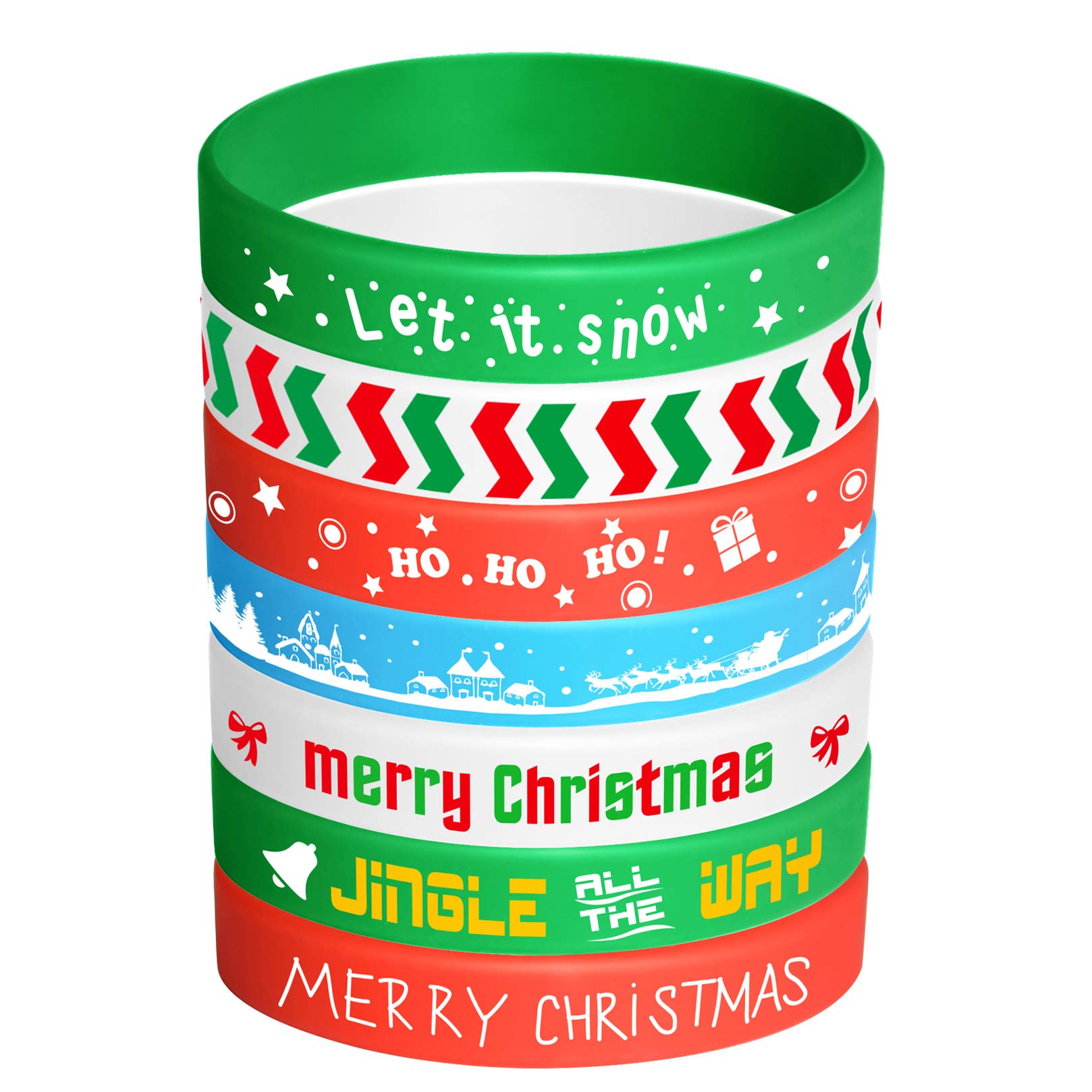FEPITO 35 Pieces Christmas Wristband Silicone Wristbands Rubber Band Bracelets for Christmas Party Decoration Supplies 7 Merry Xmas Patterns