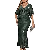 ZOMVA Plus Size Maxi Formal Dress Sparkly V-Neck Mermaid Wrap Evening Gown Cocktail Prom Glitter Handkerchief Sleeves