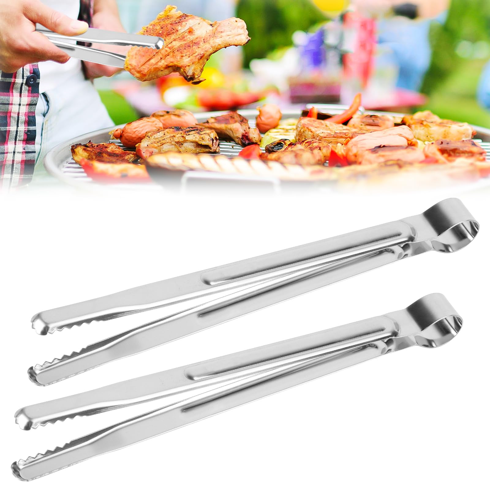 Set of 2 Stainless Steel BBQ Sausages Reversible Tongs for Cooking 25 cm Kitchen Tongs Heat Resistant Barbecue Tongs for Cooking, Grilling, Buffet, Barbecue