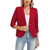 LADI TREND Women's Work Office Cropped Blazer 3/4 Sleeve Pad Shoulder Notched Collar Lightweight Stretch Jacket with Pockets