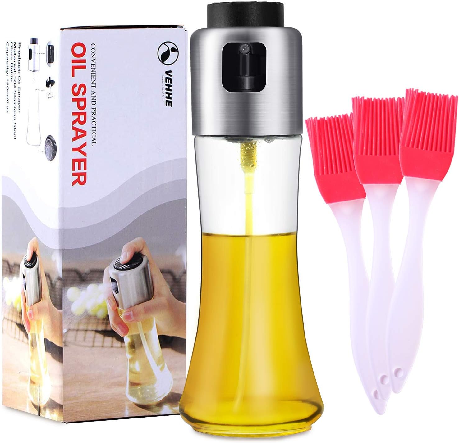 VEHHE Oil Sprayer for Cooking, Olive Oil Spray Bottle Dispenser 180ml/6 fl oz with 3pcs Silicone Brushes for Cooking, Baking, BBQ, Salad, Air Fryer, Roasting: Kitchen & Dining
