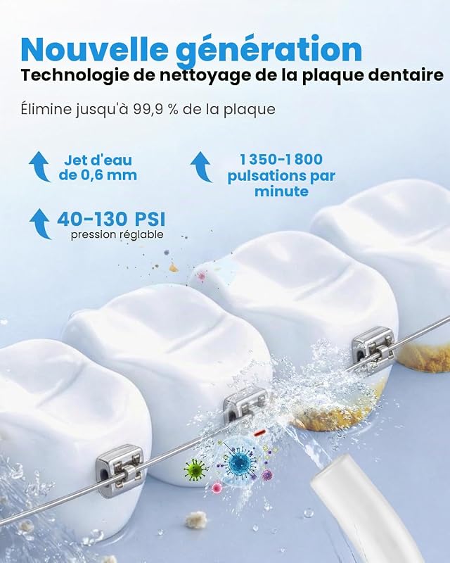 Jet Dentaire Hydropulseur Oral - 300 ML Sans Fil Irrigateur, 3+1 Modes, Étanche IPX7 Water Flosser, Idéal pour Orthodontie, Appareil Dentaire, Gencives Sensibles Maison et Les Voyages(Blanc)