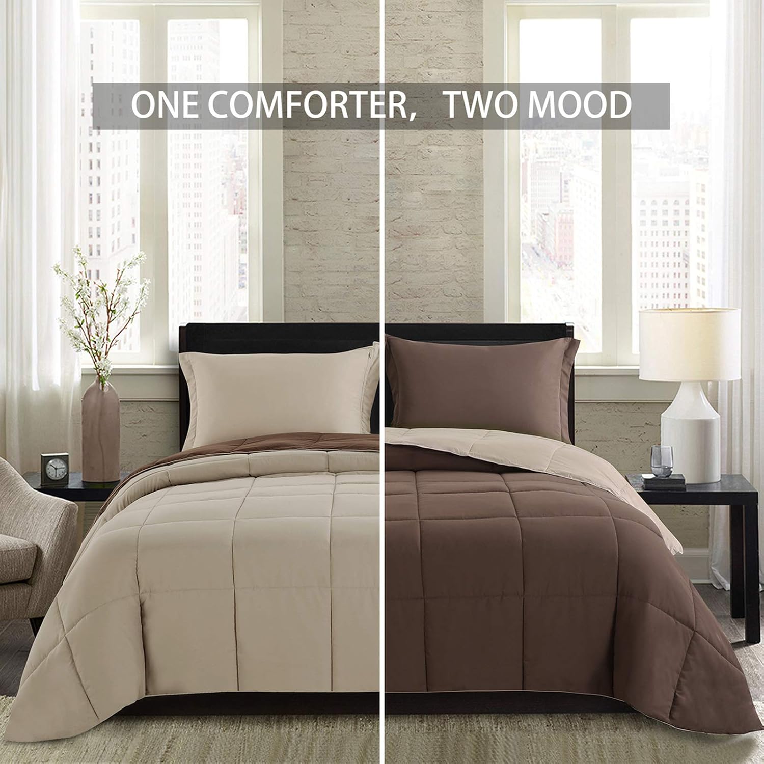 Homelike Moment Lightweight Comforter Set California King Reversible All Season Down Alternative Bed Comforter Set Summer Blanket 3 Piece - 1 Comforter 2 Pillow Shams Cal King Size Brown / Beige: Kitchen & Dining