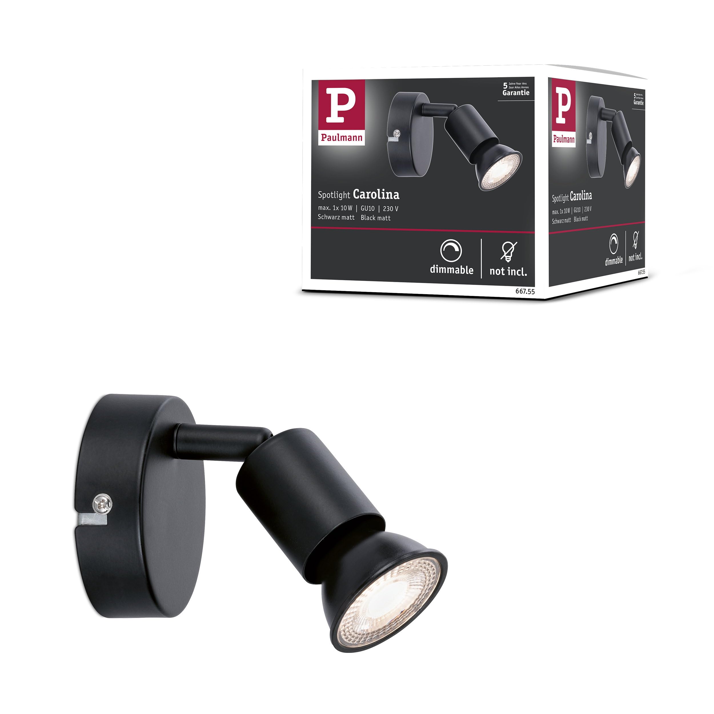 Paulmann Carolina 66755 Spotlight 1-Bulb Max. 10 Watt Ceiling Light Matt Black Metal GU10 Bulb Not Included