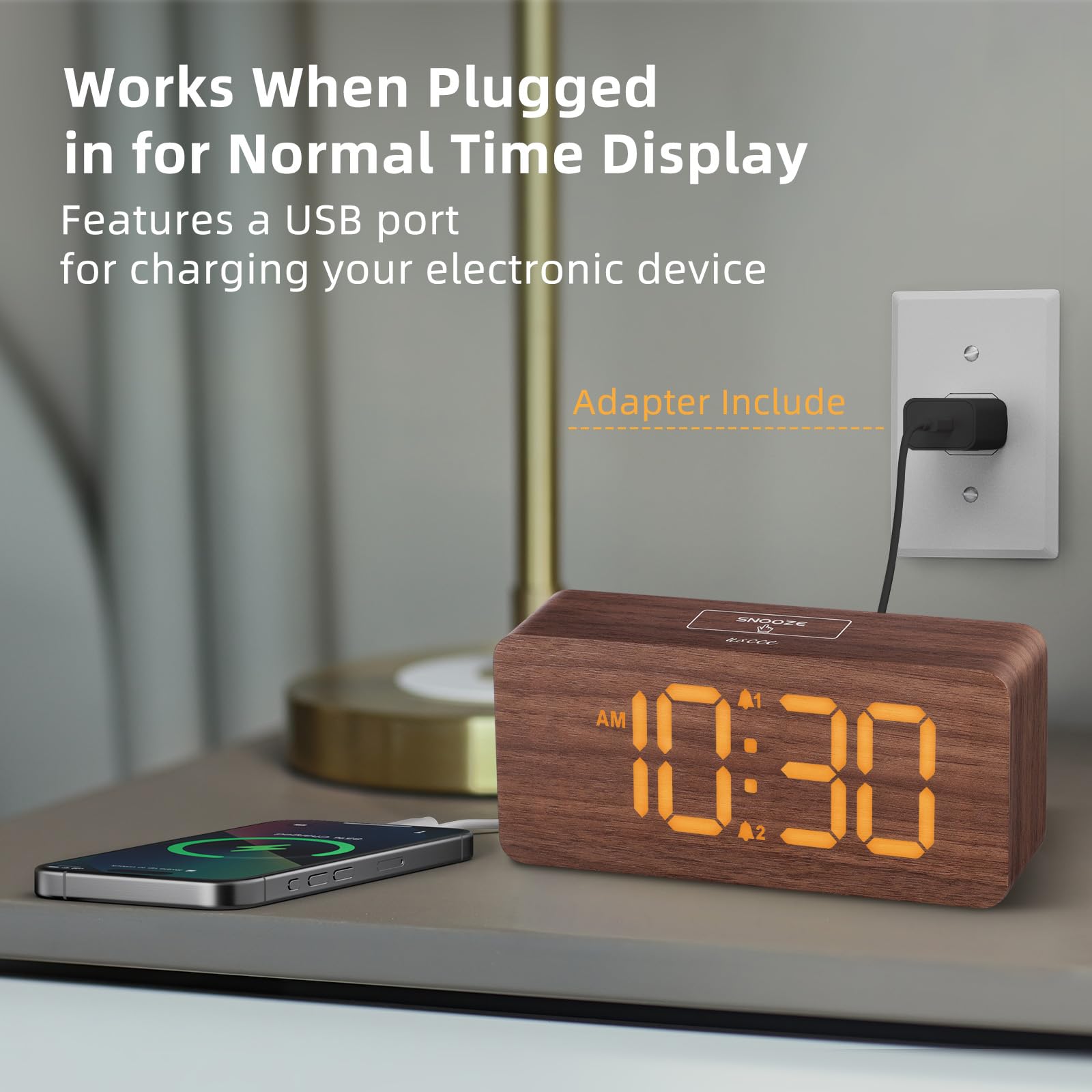uscce Wooden Digital Alarm Clocks for Bedrooms: Dimmable Dual Alarm Clock with Large Numbers for Bedside Desk - Loud Alarm for Heavy Sleepers with Volume Control - Wood Decor & Gifts
