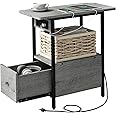 LIDYUK End Table with Charging Station, Narrow Side Table with Drawer and USB Ports & Power Outlets, Nightstand Bedside Tables for Small Spaces, Bedroom, Living Room, Light Grey