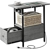 LIDYUK End Table with Charging Station, Narrow Side Table with Drawer and USB Ports & Power Outlets, Nightstand Bedside Tables for Small Spaces, Bedroom, Living Room, Light Grey