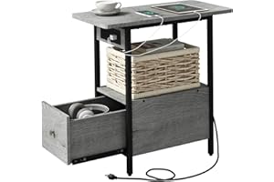 LIDYUK End Table with Charging Station, Narrow Side Table with Drawer and USB Ports & Power Outlets, Nightstand Bedside Tables for Small Spaces, Bedroom, Living Room, Light Grey