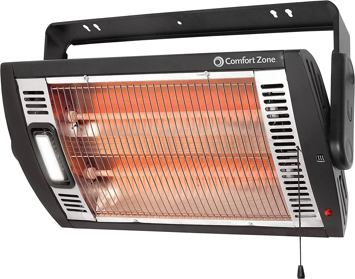Photo 1 of Comfort Zone 1500W Ceiling Mounted Dual Quartz Radiant Heater – Infrared Workshop Heater with 90° Adjustable Tilt, Built-in Halogen Light & Pull String Control – Overheat Protection, Black
