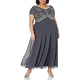 J Kara Women's Plus Size Cap Sleeve V-Neck Beaded Top Gown
