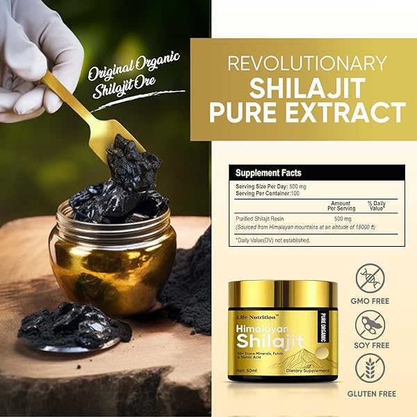 LIFE NUTRITION SHILAJIT PURE HIMALAYAN ORGANIC RESIN, 500MG NATURAL SHILAJIT RESIN SUPPLEMENT WITH 85+ TRACE MINERALS COMPLEX
