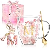 Personalized Gift for Women Flower Glass Coffee Mug Initial Tea cup Monogrammed Customized Bridesmaid Bride Wedding Gifts Graduation Gifts Valentine Mother's Day Birthday Christmas Gift (M)