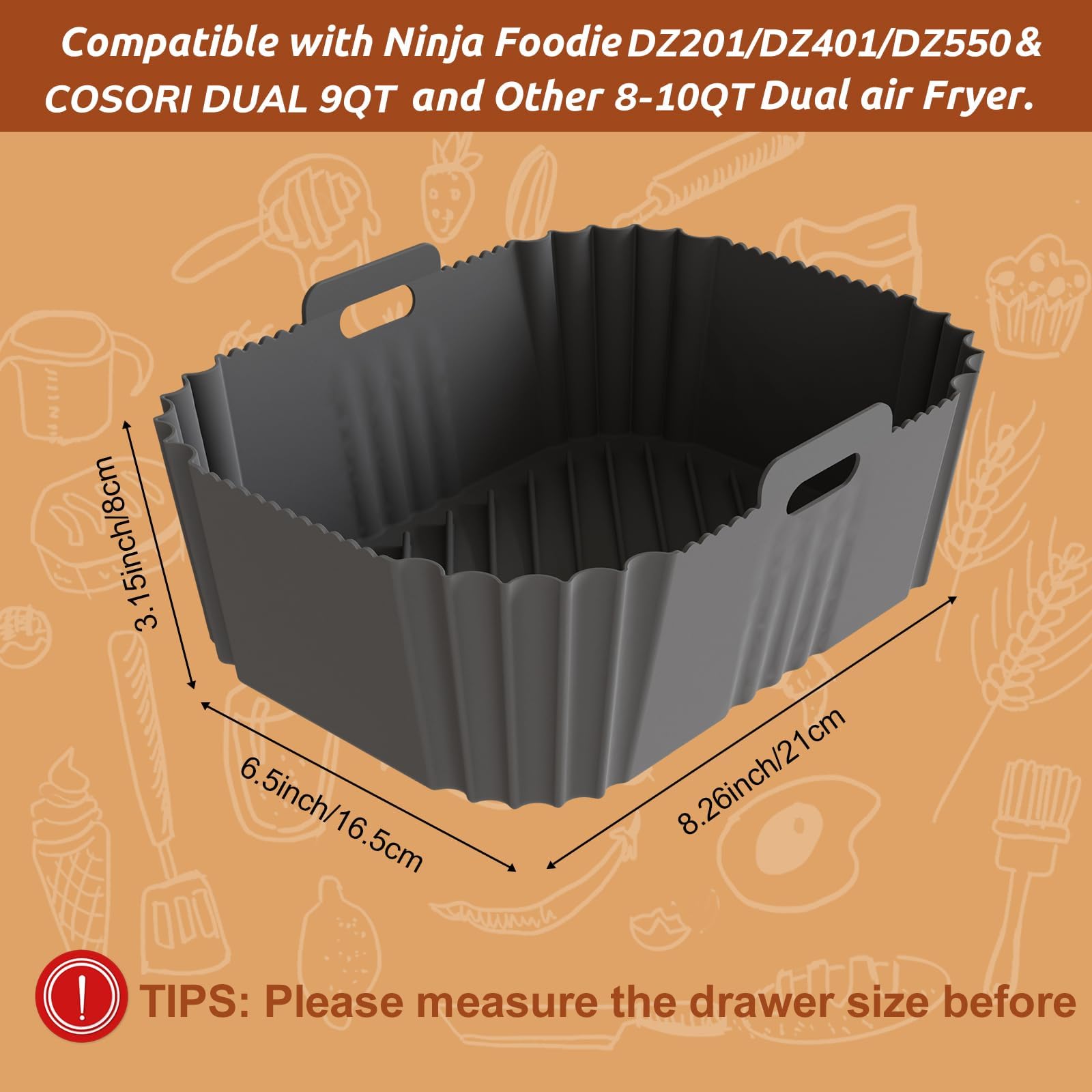 2PCS Non-Stick Silicone Air Fryer Liners for Ninja DZ201/DZ401 DZ550 8-10 QT, COSORI 2 Basket Air Fryer, Baking Tray, Air Fryer Accessories
