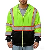 Wuple Hi Vis Safety Hoodie Class 3 High Visibility Sweatshirt for Men Reflective Zip Up Sweater with Black Bottom, Yellow, XL