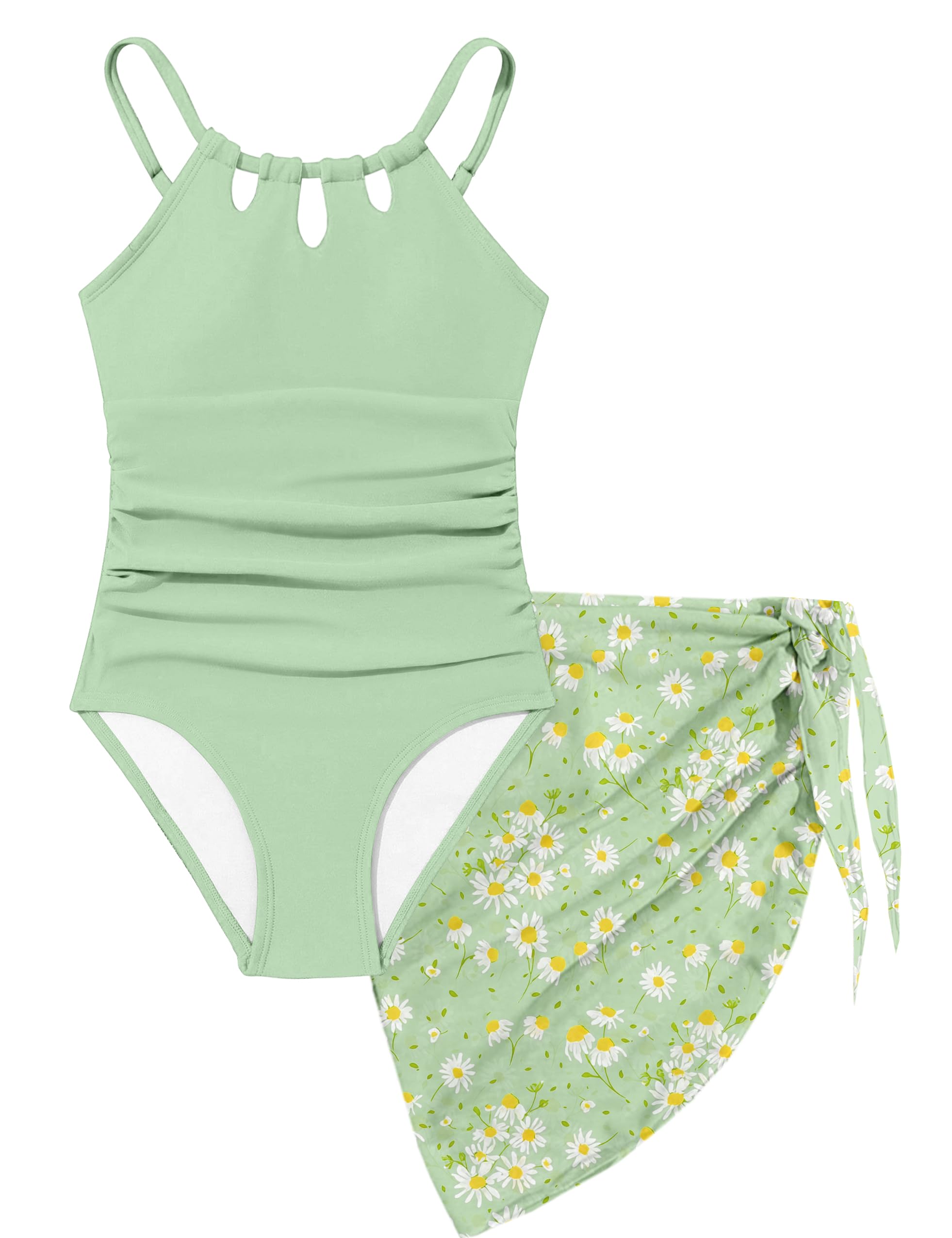 Photo 1 of KANGKANG Girls Swimsuit, Girls Swimsuits Size 14-16 Quick Dry Cut Out One Piece Teen Bathing Suits with Tropical Print Cover Up Skirt Swimwear Set size 15-16y