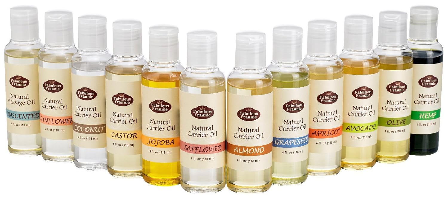 100% Pure Carrier Oil VARIETY 12/4oz Bottles Apricot Kernal, Avocado, Castor, Coconut, Grapeseed, Hemp Oil, Jojoba, Olive, Safflower, Sunflower, Sweet Almond, Unscented Massage Oil by Fabulous Frannie