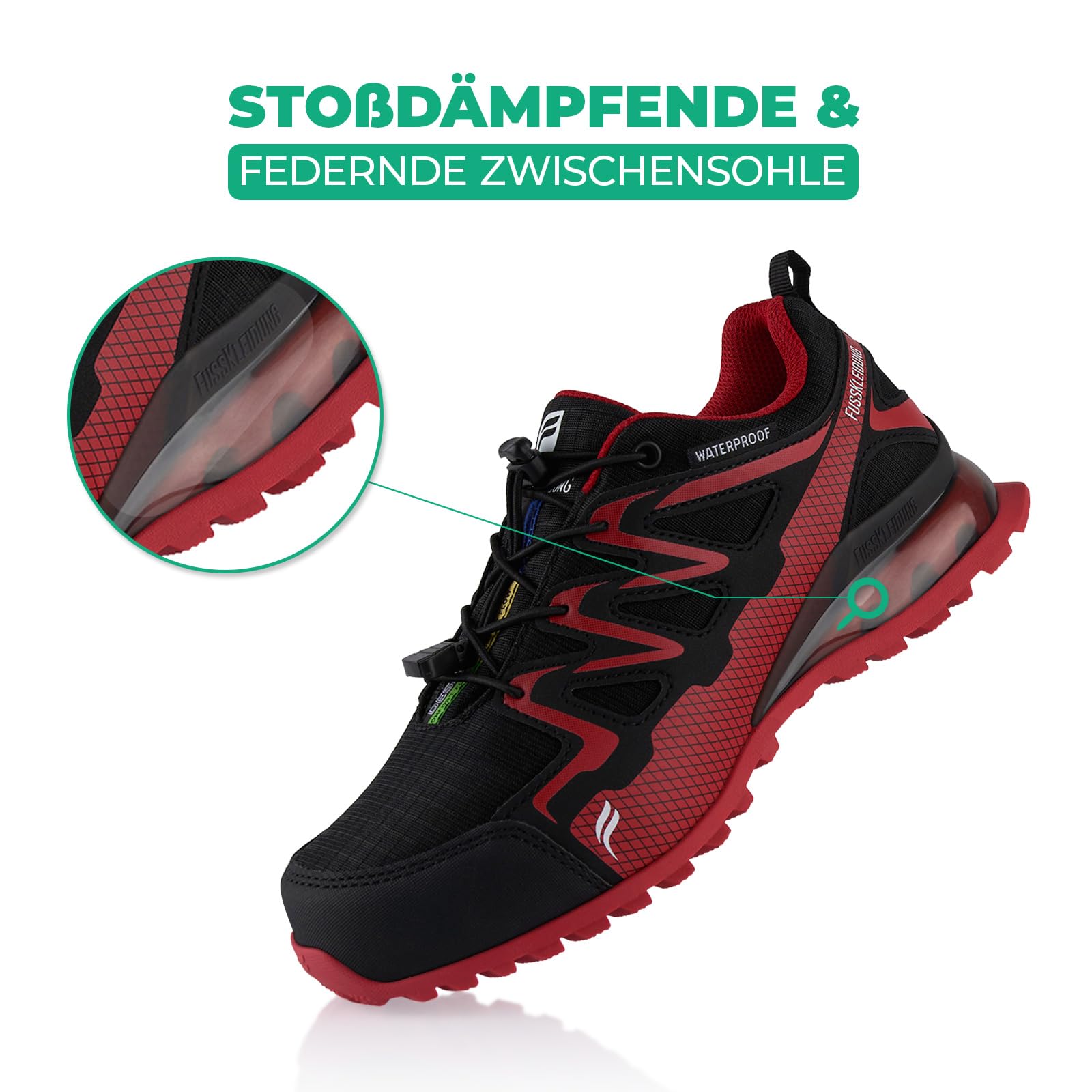 Fusskleidung® Damen Herren Wanderschuhe wasserdichte Trail Trekkingschuhe Schwarz Rot EU 36 3