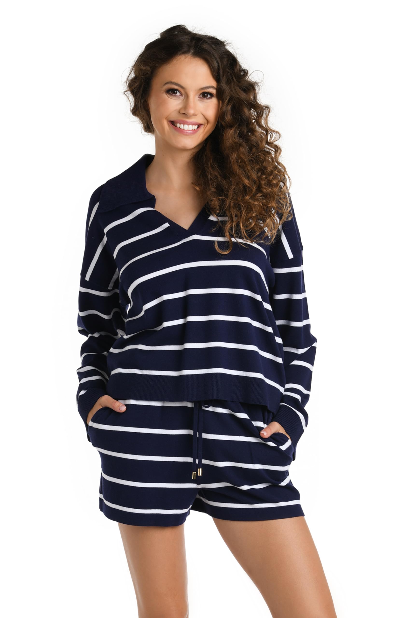 Photo 1 of **top only**La Blanca Women's Collared Sweater Cover Up, Indigo//Yacht Club, Small