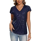 MINTLIMIT Womens Full Sequin Tops Glitter Party Shirt Cap Sleeve Sparkle Blouses V-Neck Loose Summer Shimmer Tunic Shirts