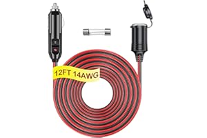 RWUJILONG 12V/24V Heavy Duty Cigarette Lighter Extension Cord 12FT 14AWG with LED Light for Car Vehicle Tire Pump Air Compressor Refrigerator Coffee Maker etc. (1*Spare Fuse)