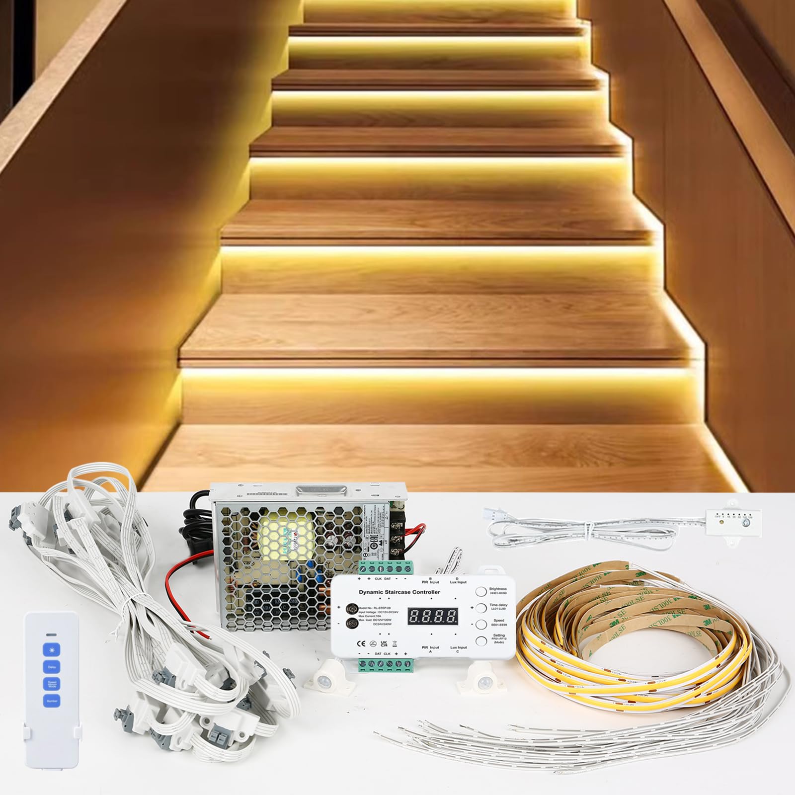 XLSBZ LED Stair Lighting Complete Set with Intelligent Motion Sensor & Daylight Sensor,0.5M Cuttable LEDs Strip, 16 Stairs LED Step Lights for Indoor