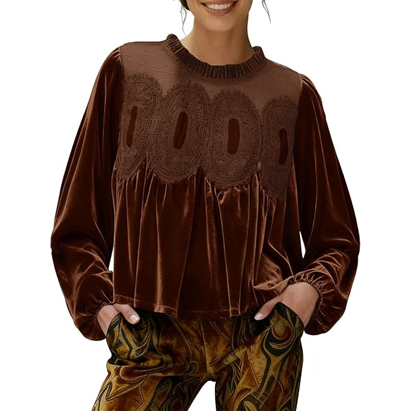 Gozoloma Women's Long Sleeve Velvet Trim Lace Blouse Elegant