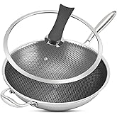 Vegoran 13 inch Wok Pan,Stainless Steel Stir-fry Wok, Non Stick Honeycomb Skillet with Stay Cool Handle- Suitable for Induction, Ceramic, Electric, and Gas Cooktops (13" Honeycomb Wok Pan with Lid)