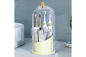 Delamu Toothbrush Holders with 360° Smooth Rotating Base, 3 Slots Bathroom Organizer Countertop with Sliding Lid, Brush Toothpaste Holder Makeup Brush Organizer for Vanity, Creamwhite