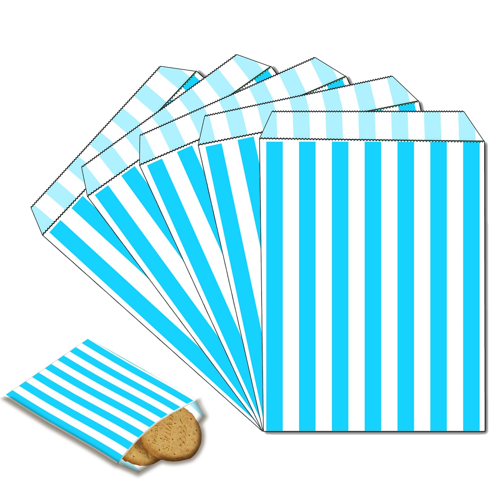 100Pcs Mini Sweet Bags Striped Paper Sweet Bags,Small Blue SweetBags 5x7'' Striped Candy Bags SweetBags Paper Bread Sandwich Bags Buffet Favour for Sweets,Snacks,Birthdays,Christmas Weddings Party