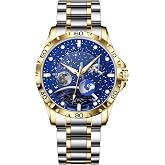 GLENAW Mechanical Automatic Watches for Men-Blue Rotating Little Earth, Luminous Dial with Starry Sky Moon Phase, 3ATM Waterproof Steel Strap Wrist Watches