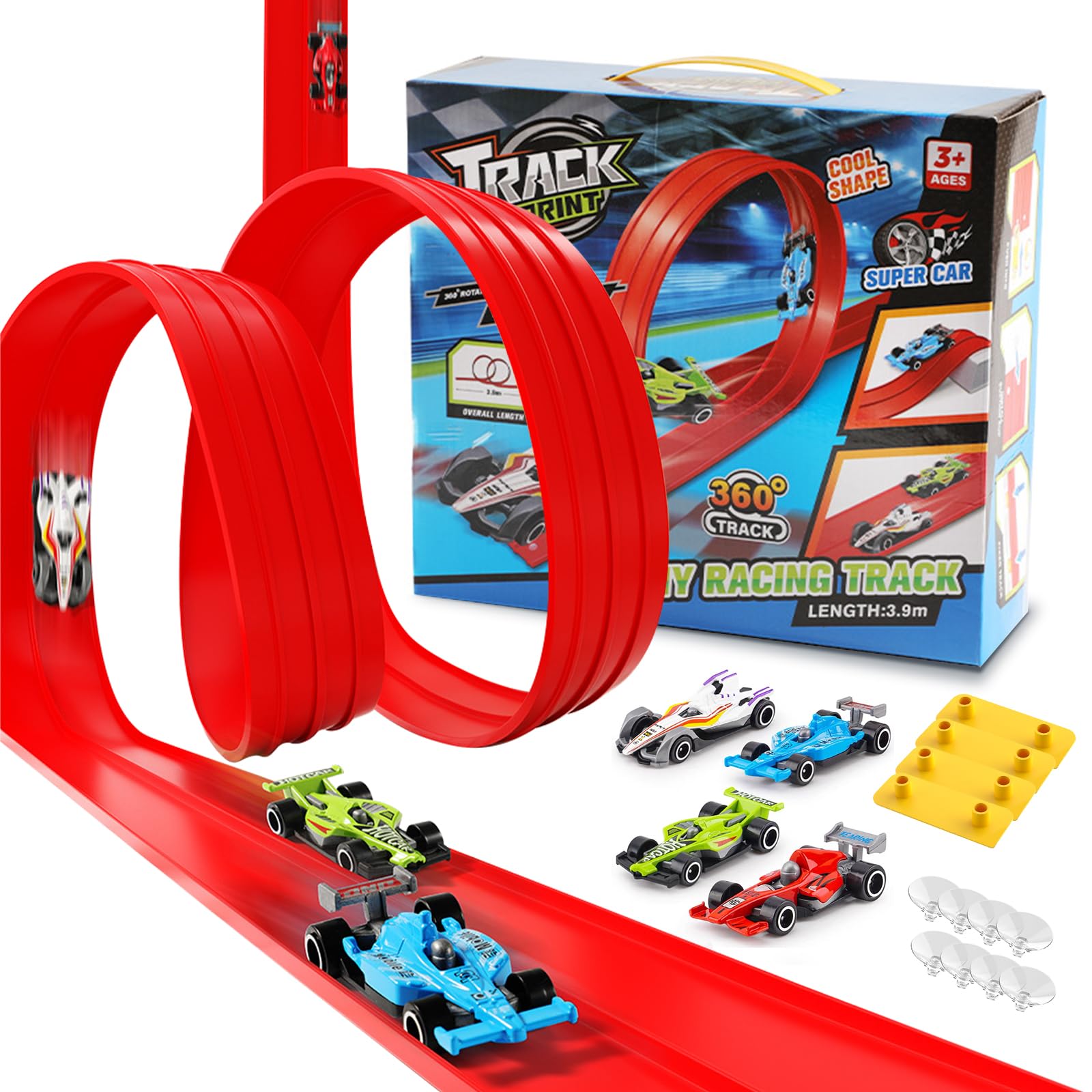 Flexible Toy Car Track Includes 4 Diecast Toy Cars for Racing, 6M Roll Up Race Track for Boys, Diecast Cars & Monster Trucks, Attach to Windows Doors for Bumps Jumps Tunnels Loops Suitable (6M)