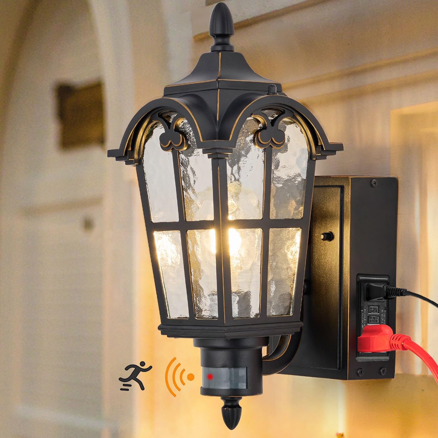 Photo 1 of Ejerlya Dusk to Dawn Motion Sensor Outdoor Porch Light with GFCI Outlet,Anti-Rust Waterproof Industrial Outdoor Lantern,UL ETL Listed,Exterior Work Lights Rustic Wall Light