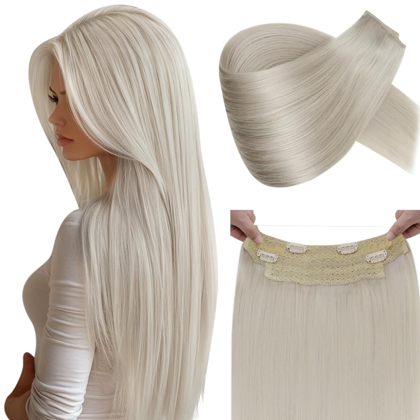 LaaVoo Human Hair Extensions White Blonde Real Remy Hair Invisible Wire Undetectable 100% Real Straight Hair Extensions Long-Lasting 80g 14 Inch #60 — image 1