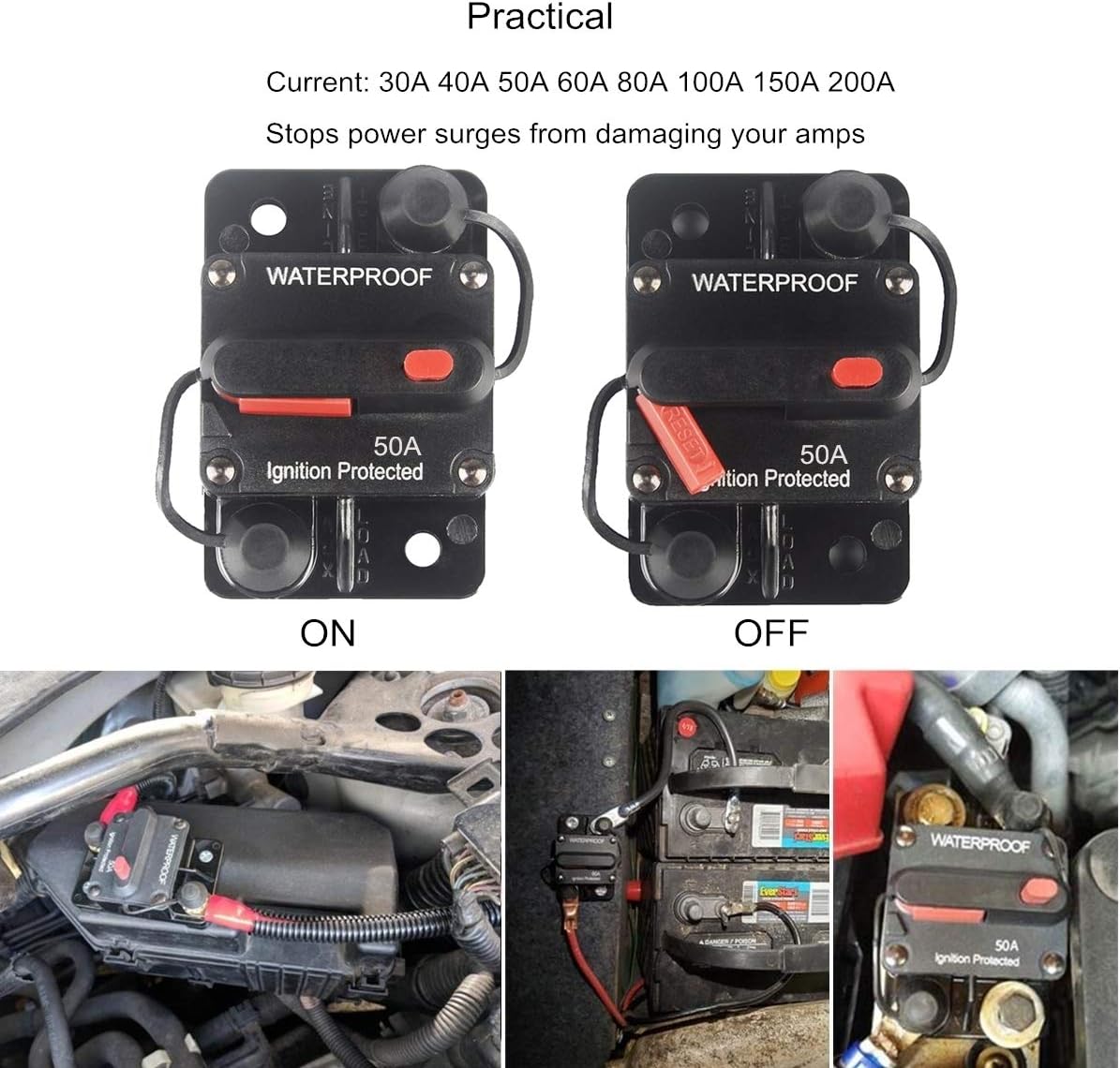 OUHL 50 Amp Circuit Breaker Manual Reset 30-250A for Car Truck Rv ATV Marine Trolling Motors Boat Vehicles,12V-48V DC Waterproof (50A): Automotive