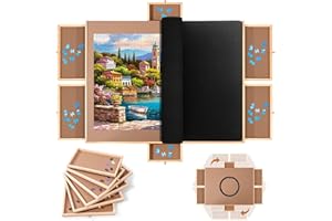 Old Canal Puzzle Board, 1500 Pieces Puzzle Table with 6 Drawers & Cover Mat, Wooden Lazy Susan Spinning Jigsaw Puzzle Tables,