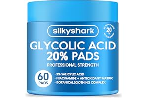 SilkyShark Glycolic Acid 20% Resurfacing Pads (60 Count), 20% Ultra Pure Glycolic Acid + 2% Salicylic Acid, Exfoliating Peel Pads for Face & Body, Effective Chemical with Vitamin B&C&E