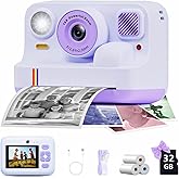 Instant Print Camera for Kids, Christmas Birthday Gifts for Girls Boys Age 3-15, 1080P Selfie Portable Digital Video Camera with 32GB SD Card, 3-Colored Print Paper- Purple
