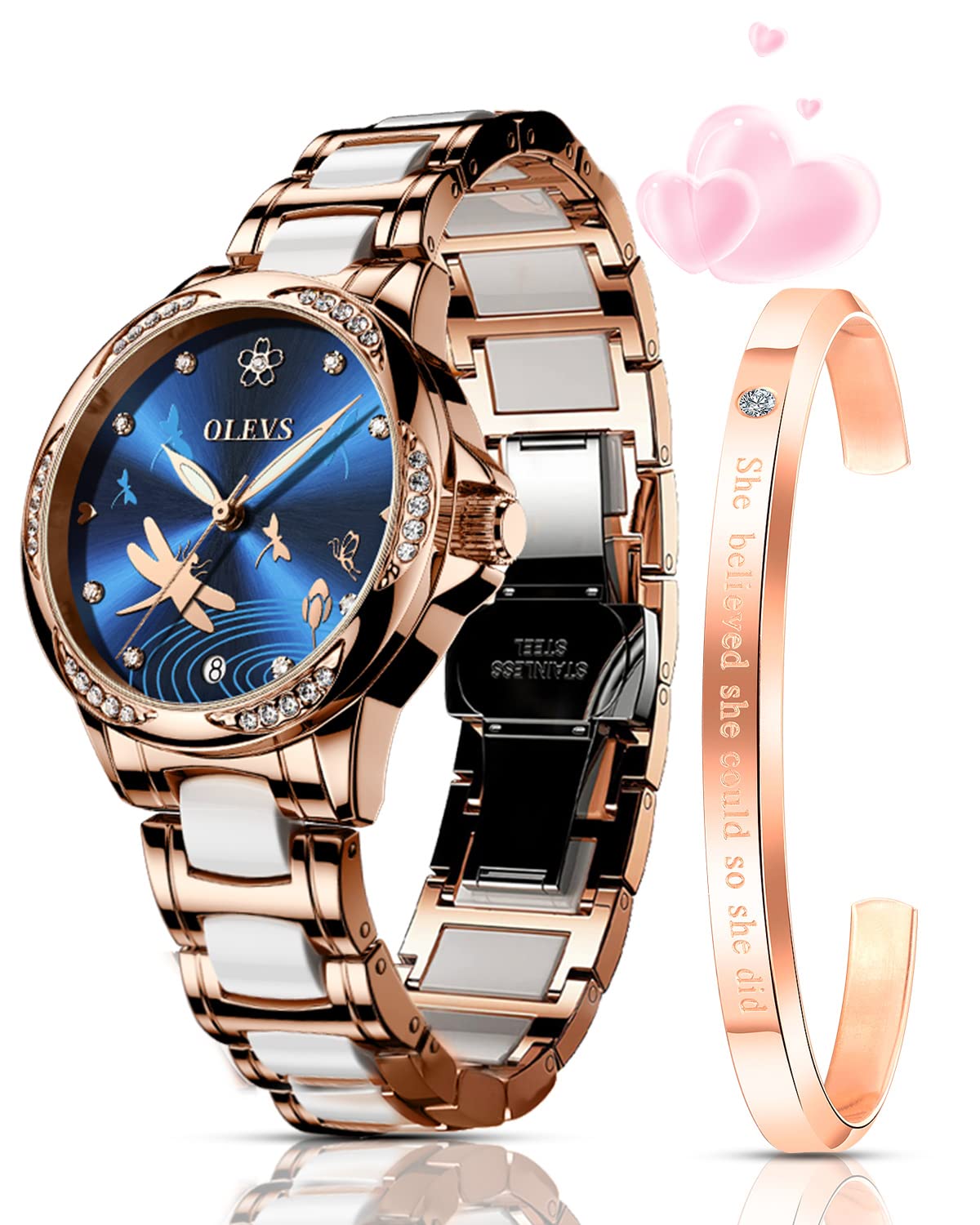 OLEVS Watches for Women Automatic Mechanical Self Winding Rose Gold Ladies Watch Diamond Dress Ceramic Bracelet Waterproof Female Wrist Watch