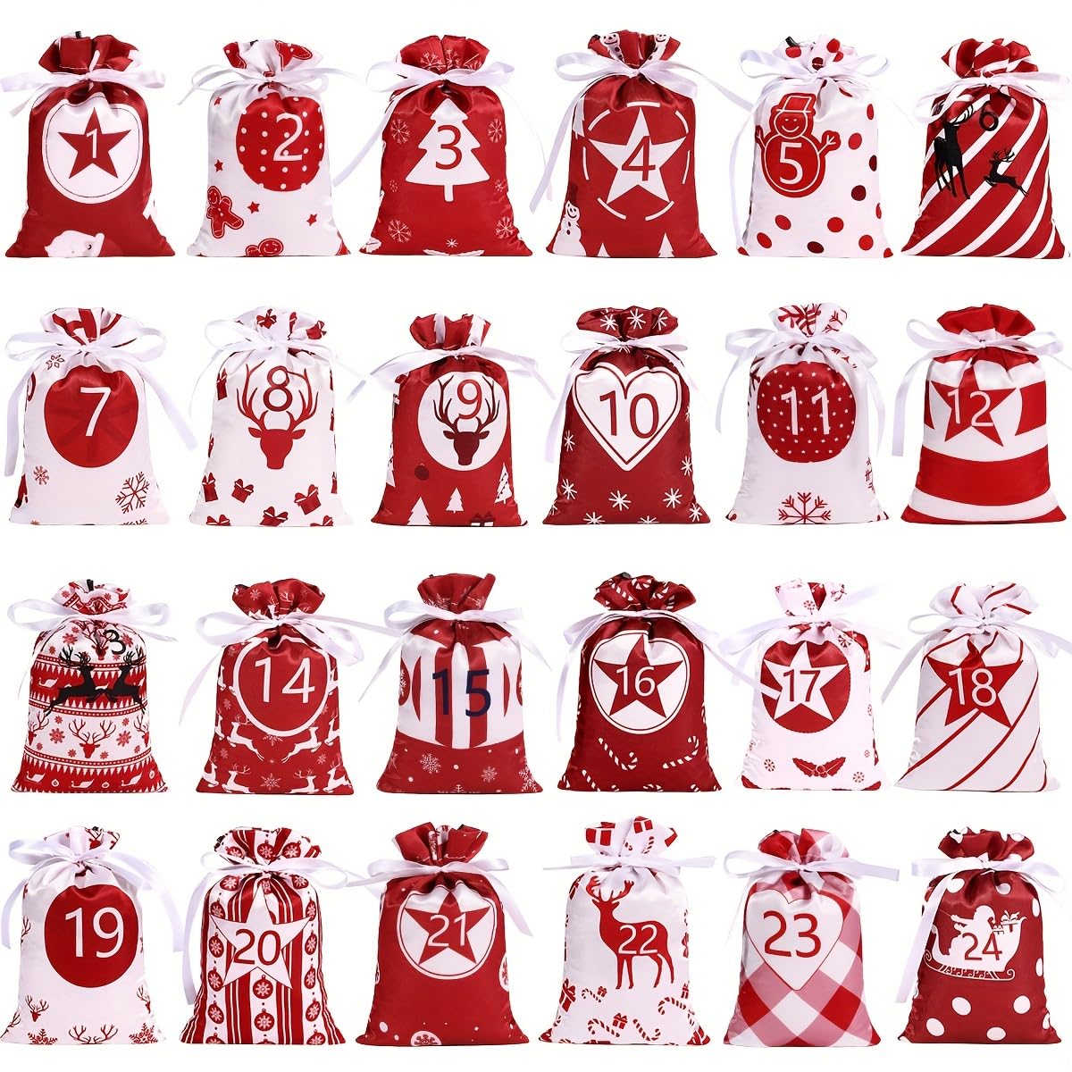 Photo 1 of 24 PCS Christmas Advent Calendar Bags, Hanging Drawstring Bags with Numbers 1-24 Hanging Countdown Calendar Bags for Christmas DIY Ornament, Reusable Fabric Gift Bags Red & White