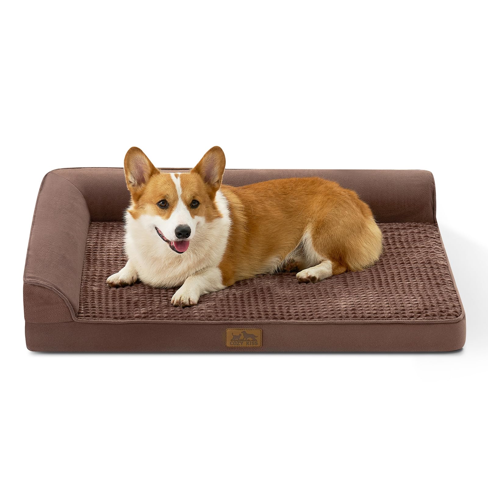 COZY KISS Orthopedic Dog Bed for Large Medium Size Dog, Dogs Crate Bed, L Shaped Foam Anti-Slip Bottom Pet Cat Sofa with Washable Removable Cover, Suitable for Pet Up to 75 lbs, 36x27x6.5 inch, Brown Image