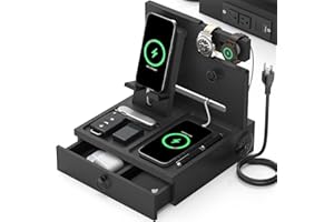 ZALDIA Wood Phone Docking Station with USB Ports and Outlets, Nightstand Organizer with Charging Station, Bedside Organizer with Drawer for Watch & Accessories, Christmas Anniversary Birthday Gifts for Men