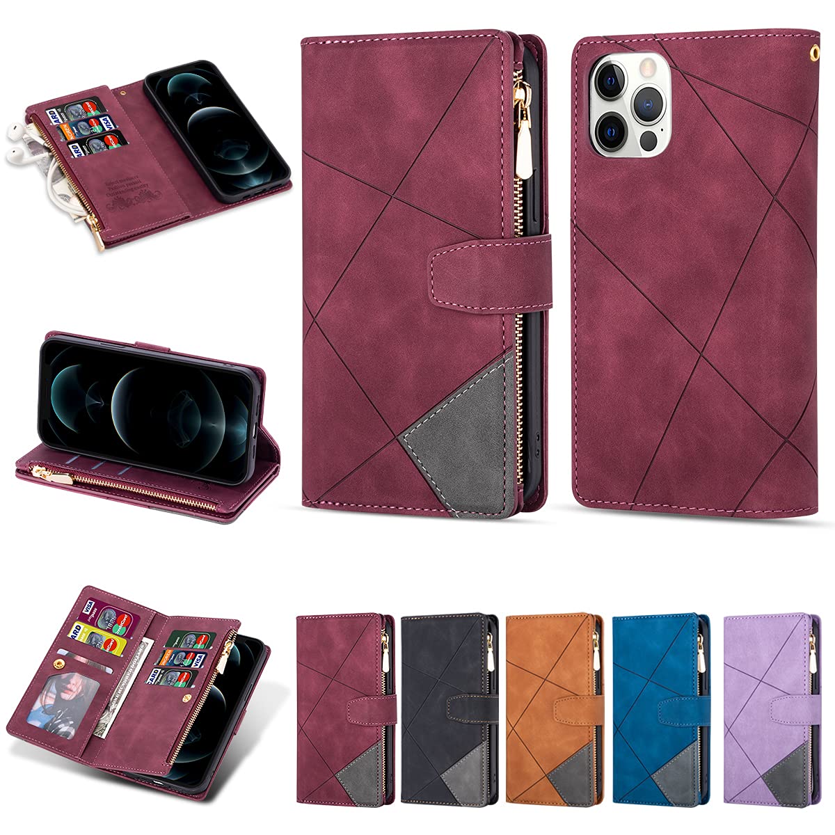 UEEBAI Wallet Case for iPhone 13 Pro Max 6.7 inch, Vintage Premium PU Leather Cover Flip Case with Card Slots Magnetic Closure Zipper Pocket Kickstand Handbag with Hand Strap - Splice Wine Red