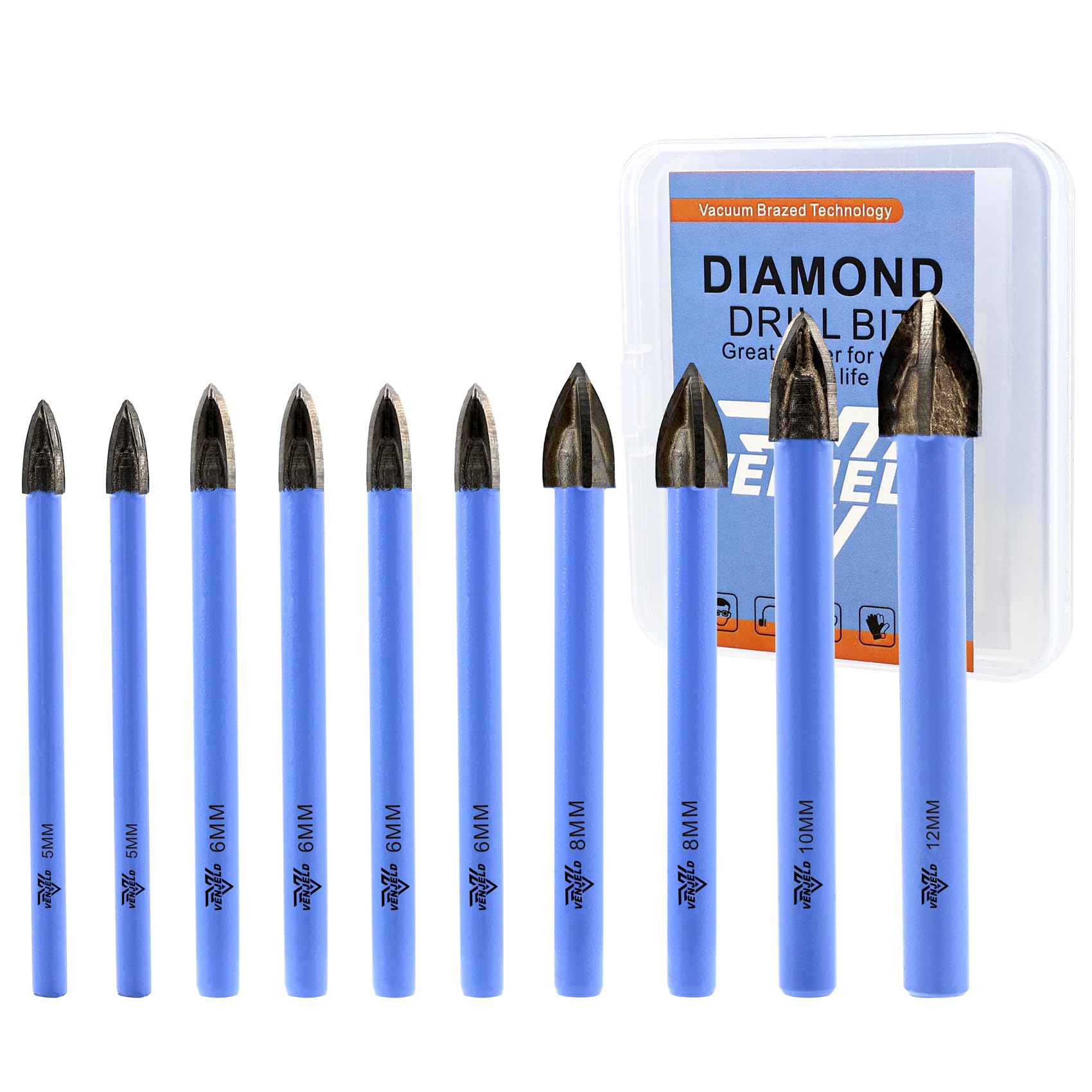 VENJELD Cemented Carbide Drill Bits Set - 5mm X 2, 6mm X 4, 8mm X 2, 10mm, 12mm 10Pcs Hard Alloy Drill Bit for Wood Plastic Masonry Ceramic Tile Concrete - Round Shank with Storage Case